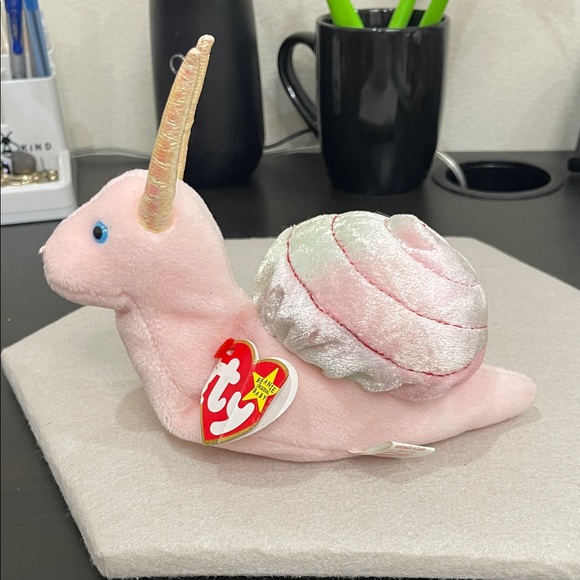 Ty Other - Ty Pink Narwhal Plush with Iridescent Shell and Gold Horn. “Swirly” born 1999